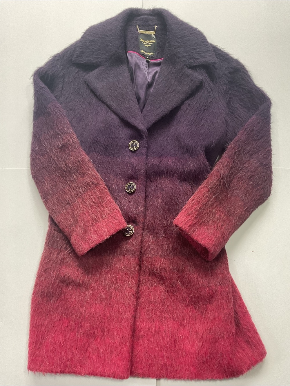 Juicy Couture Black Label Ombre Fuzzy Overcoat Purple Pink Italian Fabric Size M